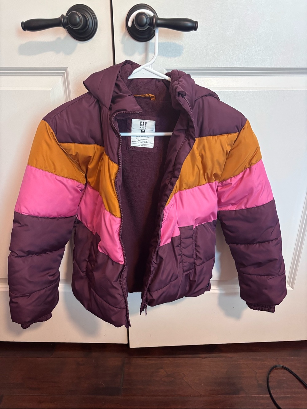 GAP Colorblock Hooded Puffer Jacket - Plum, Pink & Mustard
